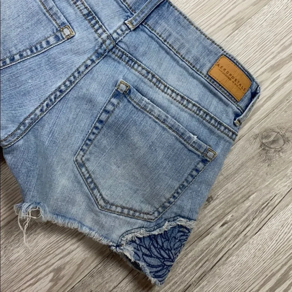 Aeropostale Fringe Embroidered Pocket Denim Shorts